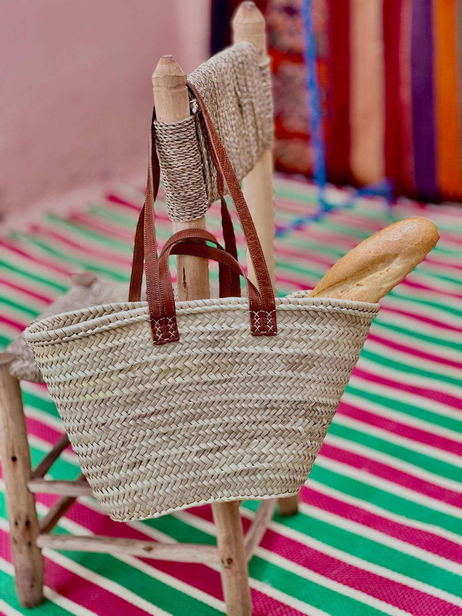 French Market Bags Basket Tote Double Leather Handles #5