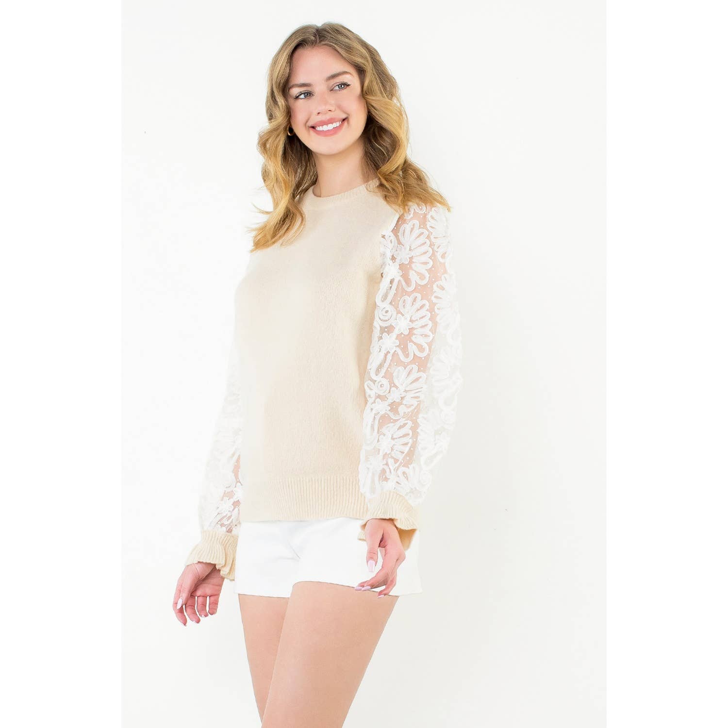 THML Floral Mesh Sleeve Knit Top