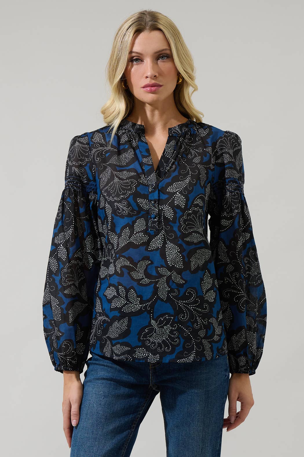 Sugarlips Aurina Floral Jamille Split Neck Poplin Top