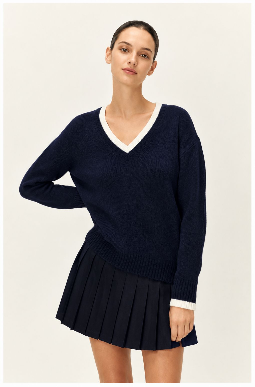 Elodie Navy V-Neck Pleated Mini Dress E1326SY704 clarified product photo