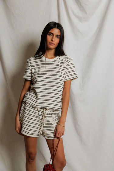 Perfect White Eve Striped Short Sleeve Crew Sweatshirt