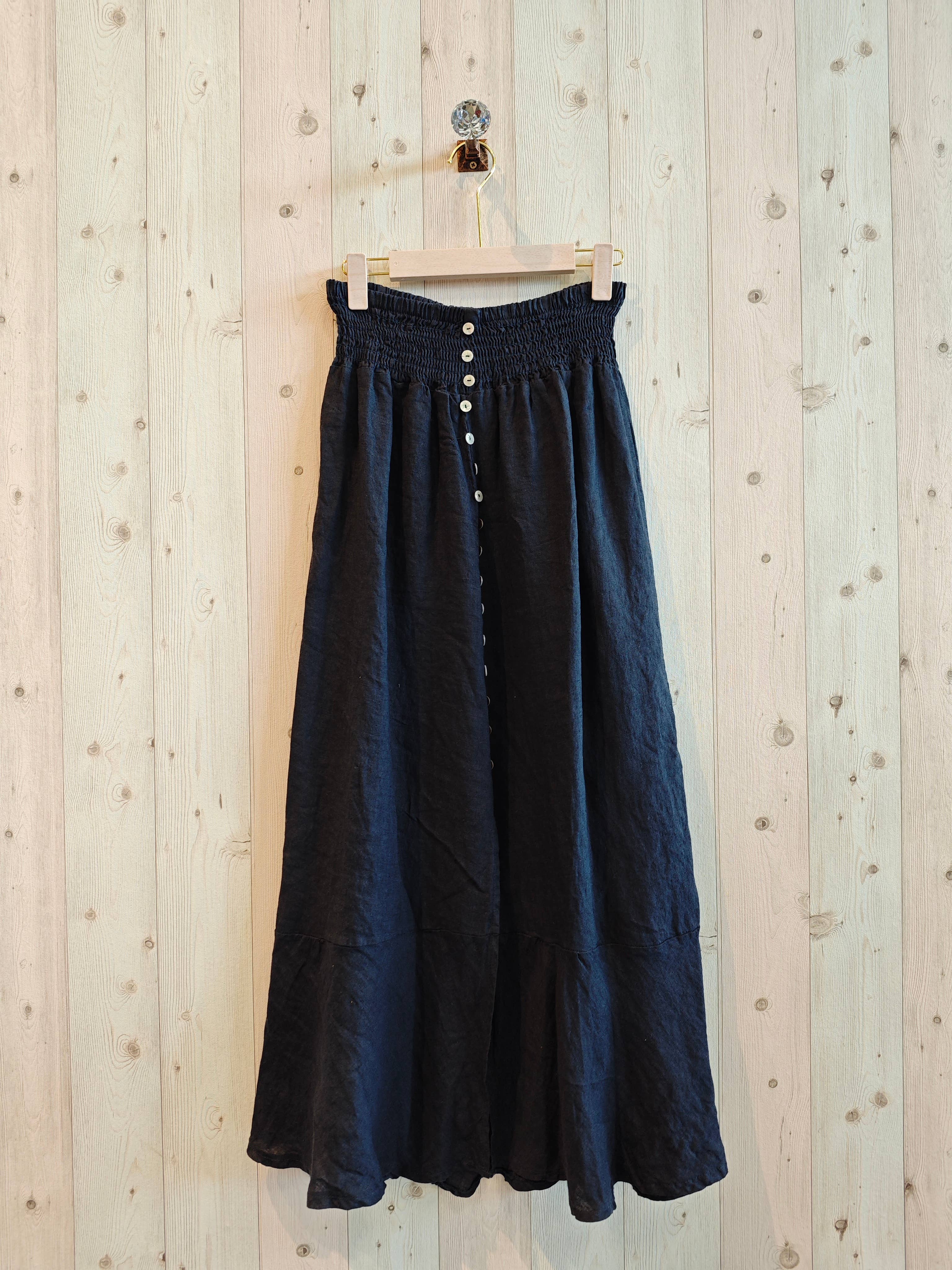 European Linen Skirt with Wide Elastic Waist and Buttons 9565