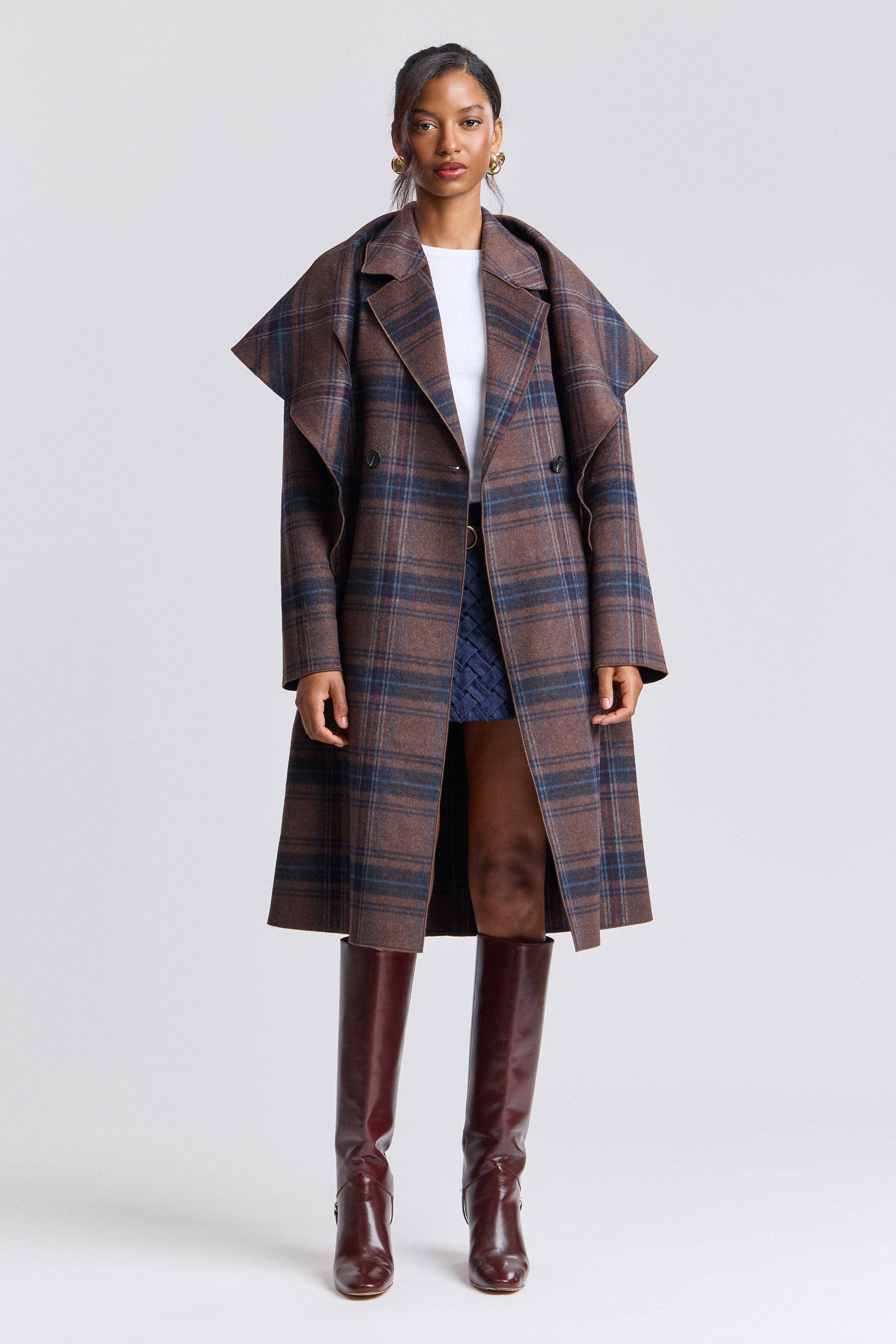 Avec Les Filles Plaid Wool Blend Scarf Trim Coat 86541