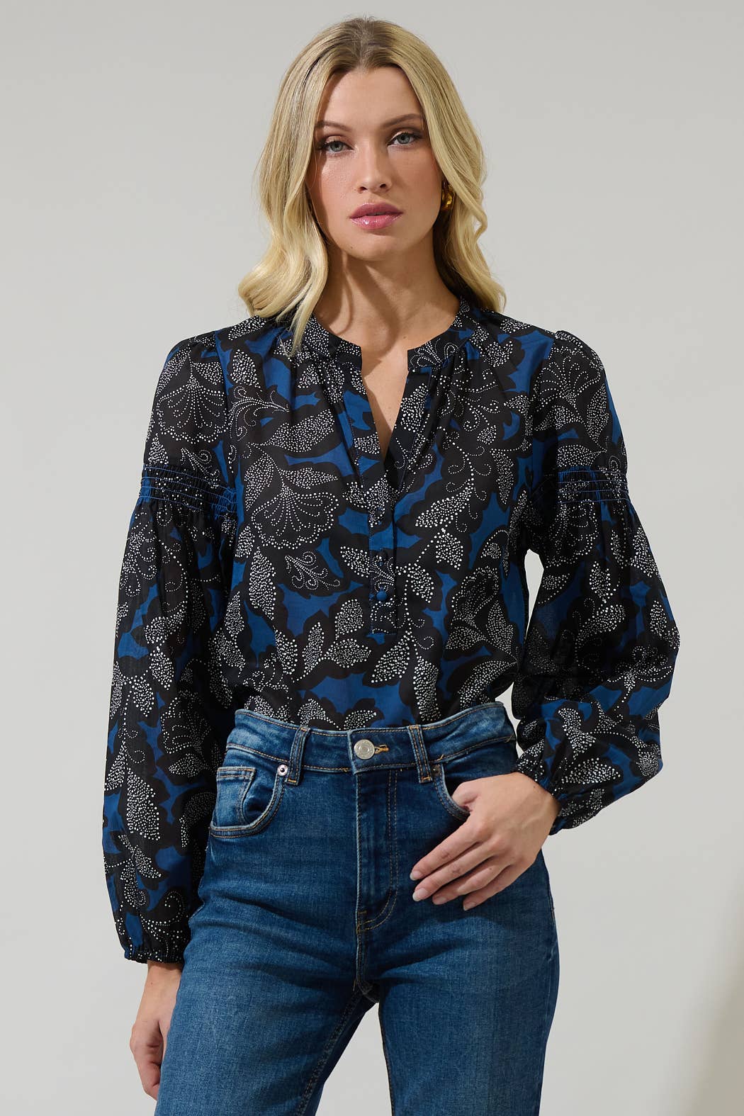 Sugarlips Aurina Floral Jamille Split Neck Poplin Top