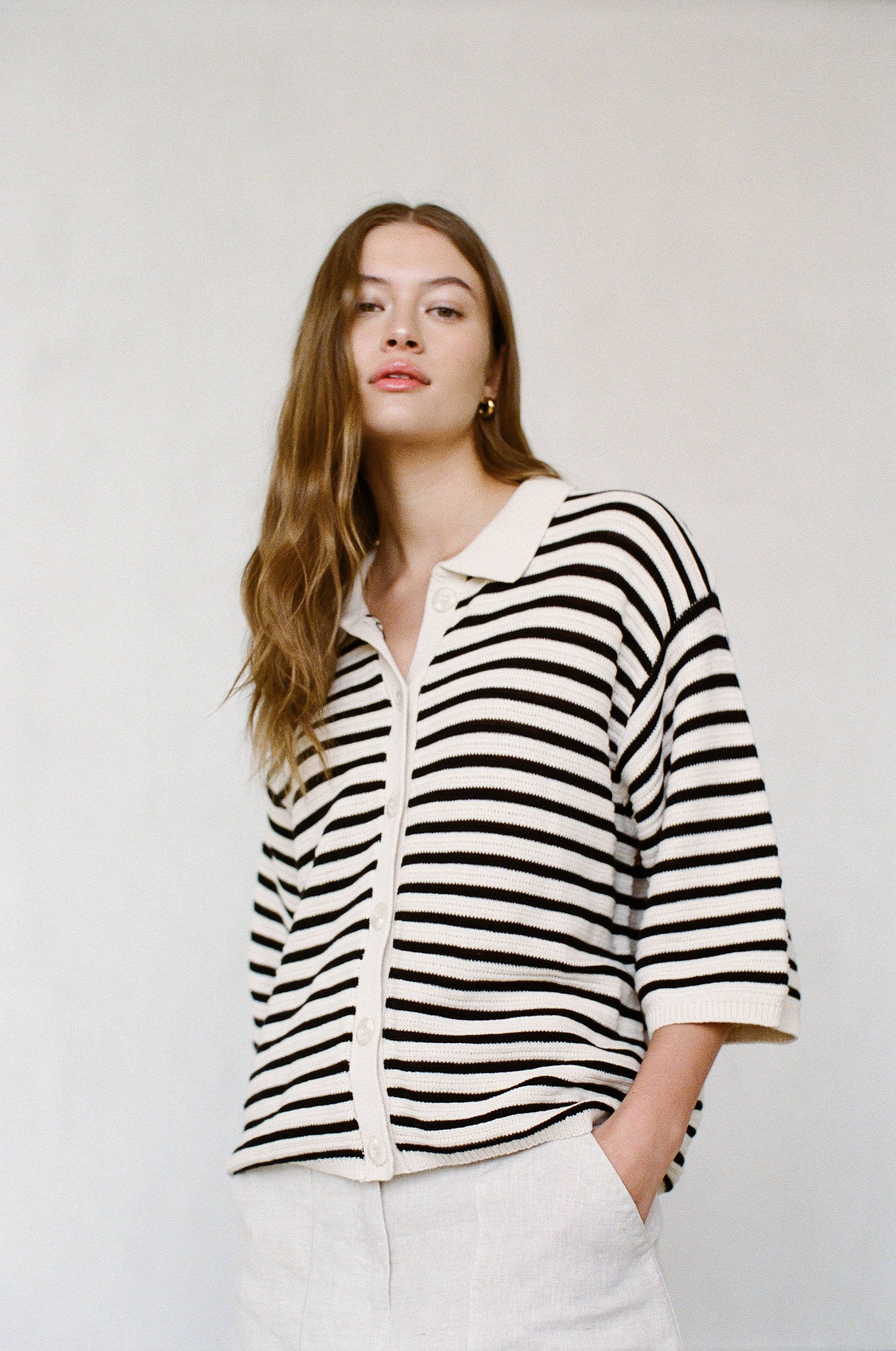 a.ren | Knit Striped Button Up Cardigan Top AW1057