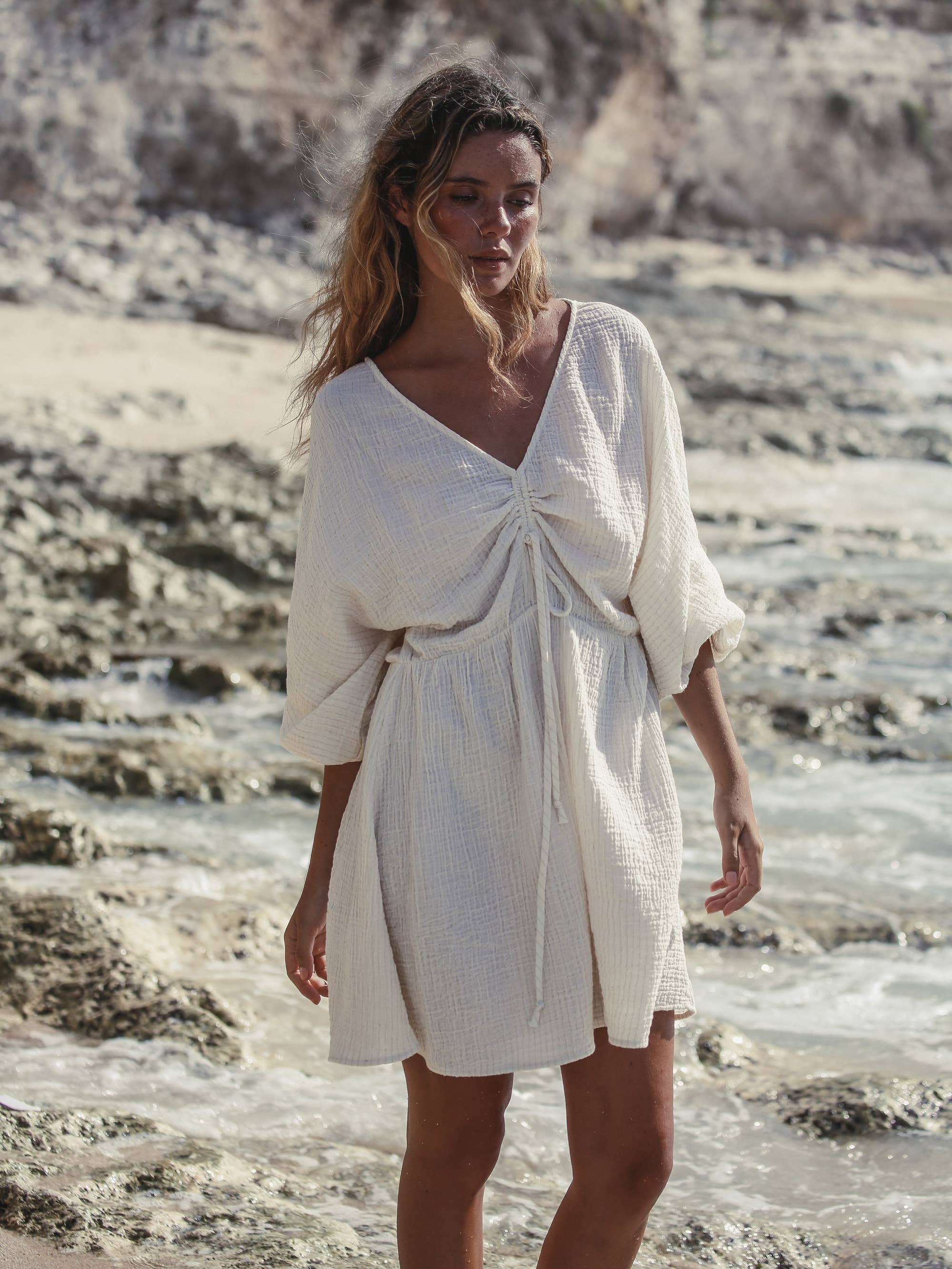 The Handloom Gaia Drawstring Mini Dress - Natural