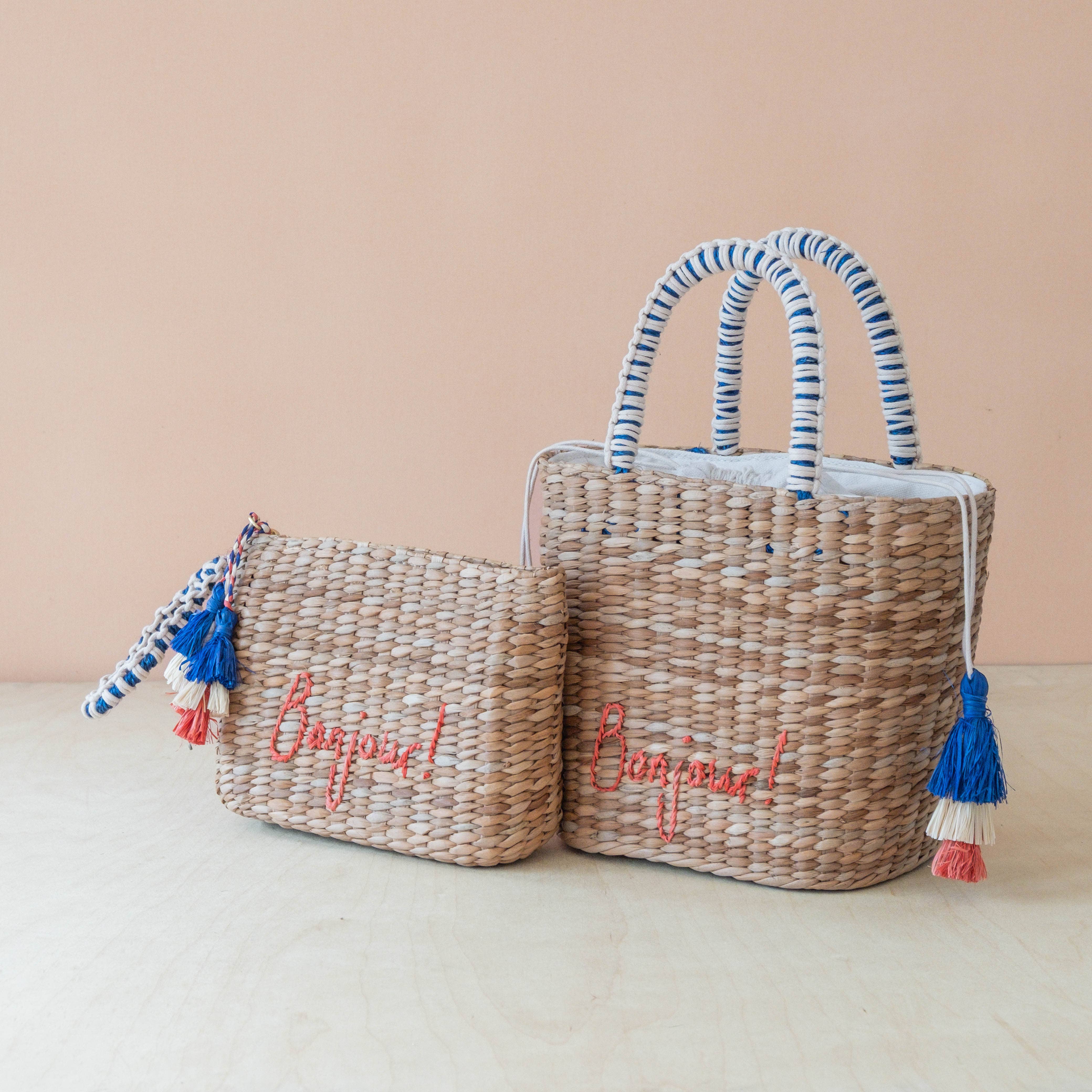 Mini Woven Pouch with Wristlet and Embroidered Bonjour – Handwoven Wristlet | LIKHÂ