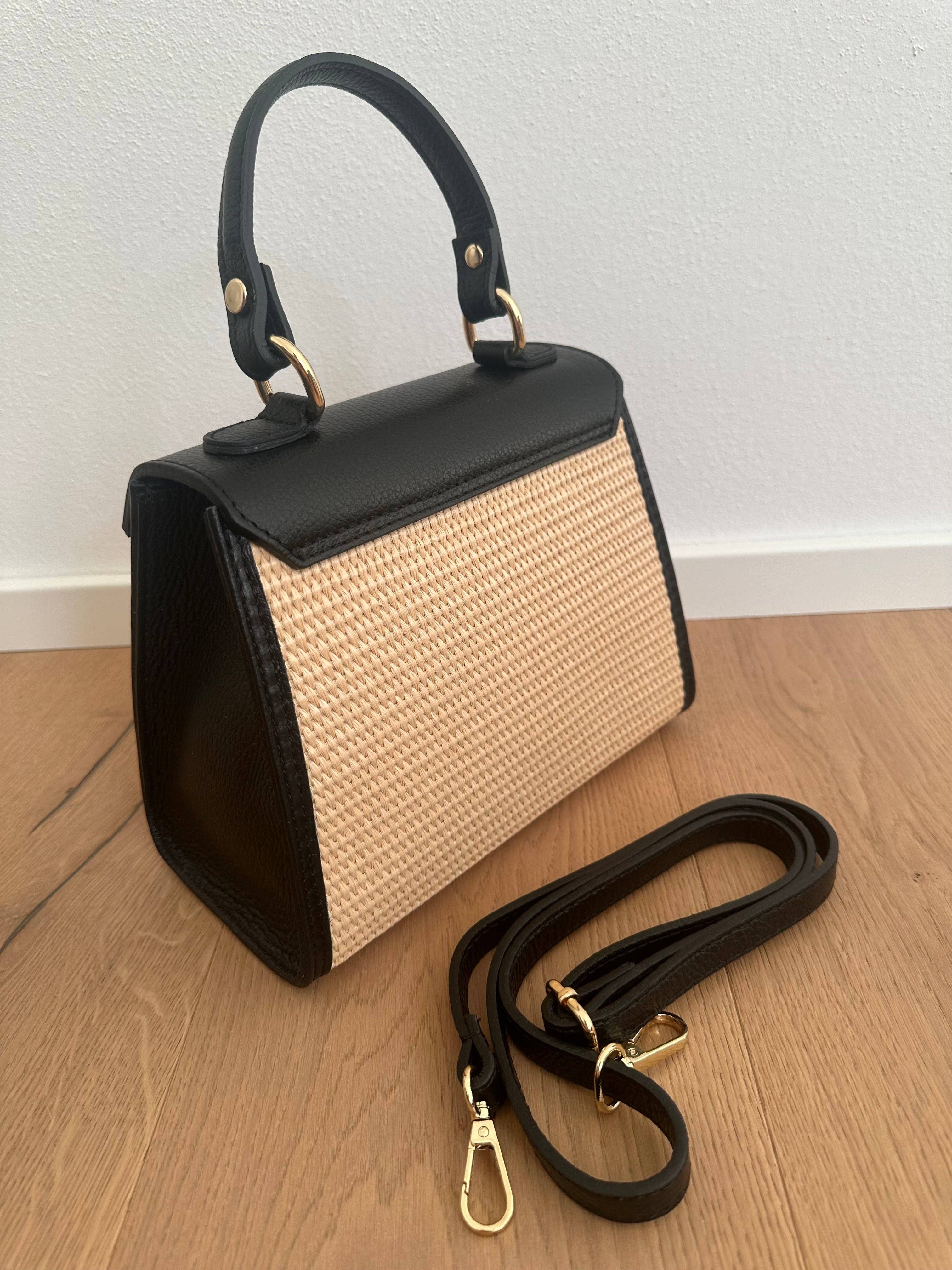 Italian Leather Collection Raffia + Leather Top Handle Bag