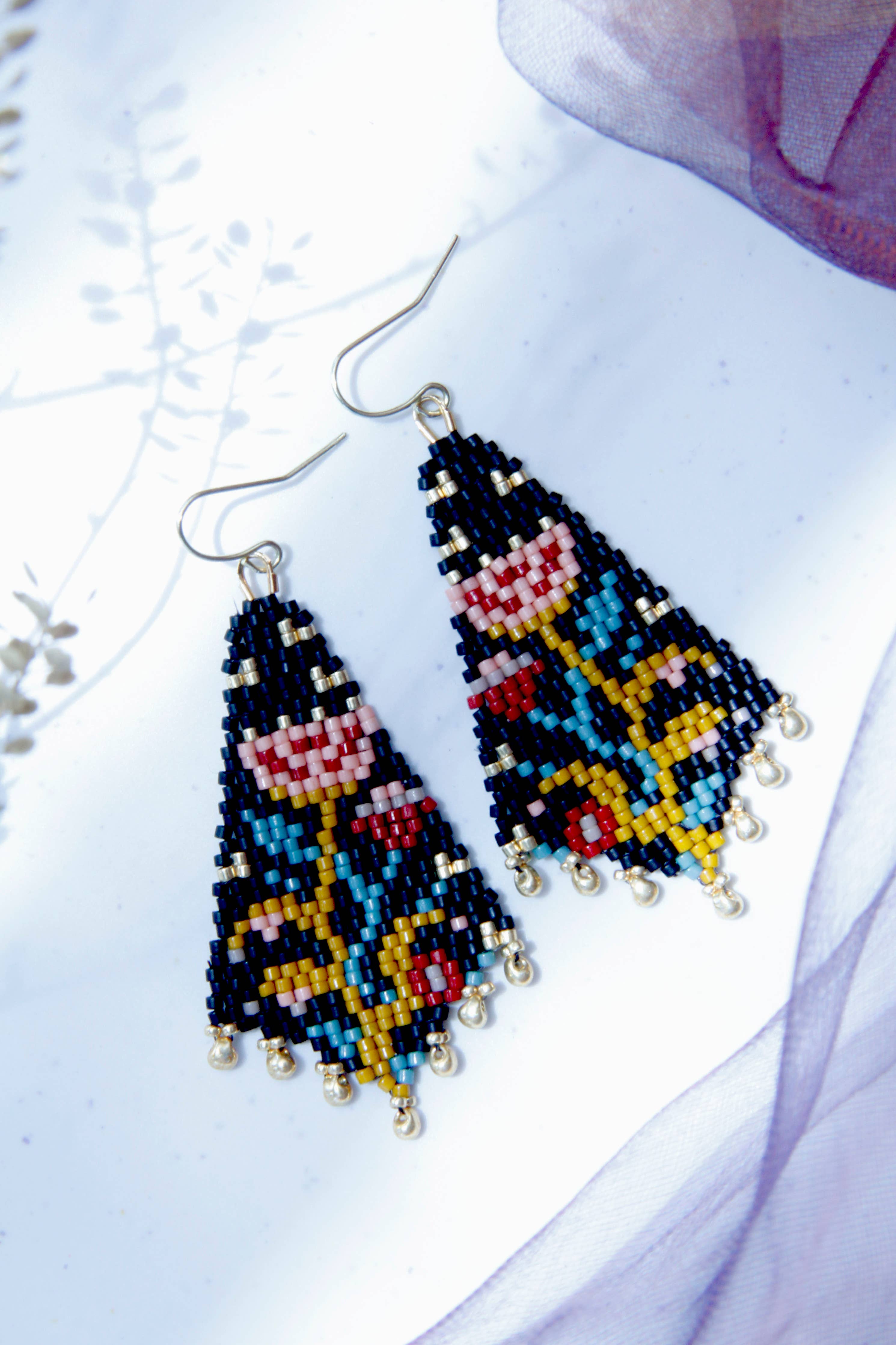 Mayana Beaded Handwoven Night Bloom Drop Earrings