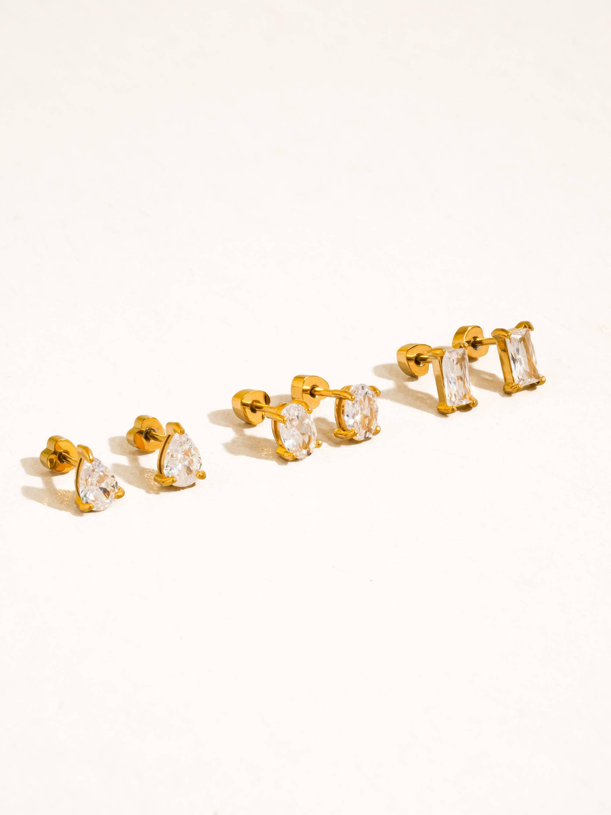 Flânerie Pureté 18K Gold Non-Tarnish Pear & Oval CZ Stud Earrings Set