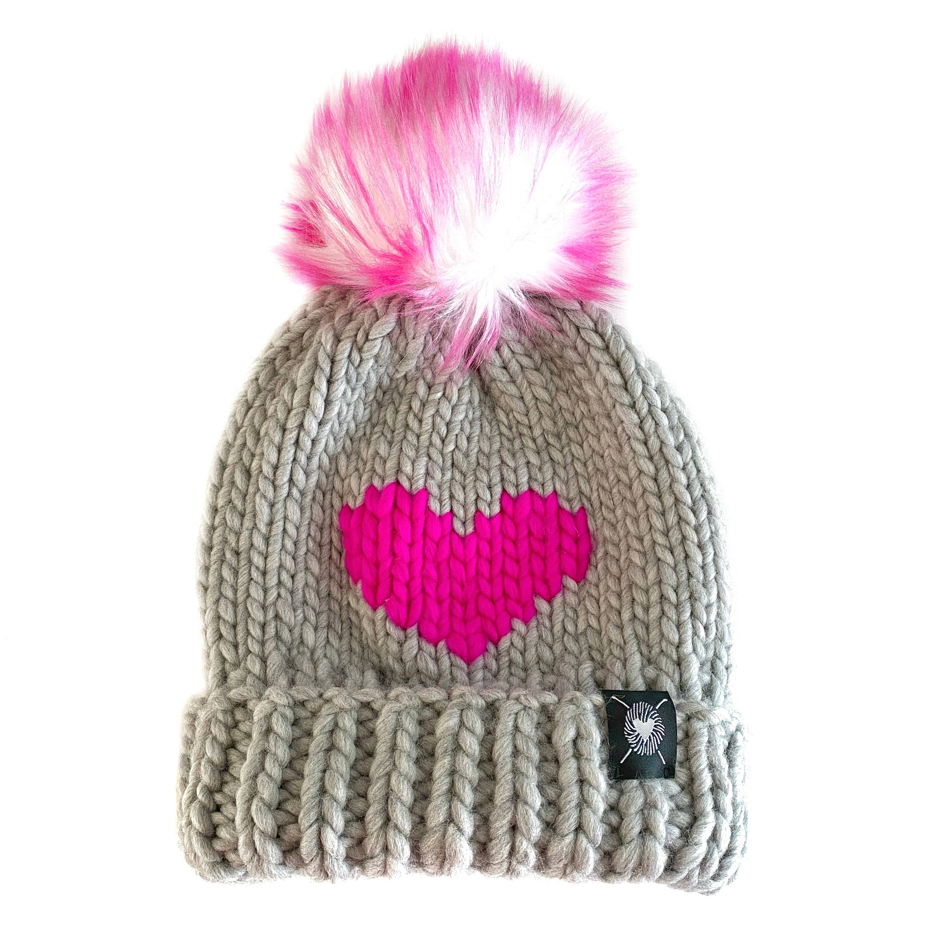 Nickichicki Luxury Big Heart Pom-Pom Beanie in Silver + Neon Pink