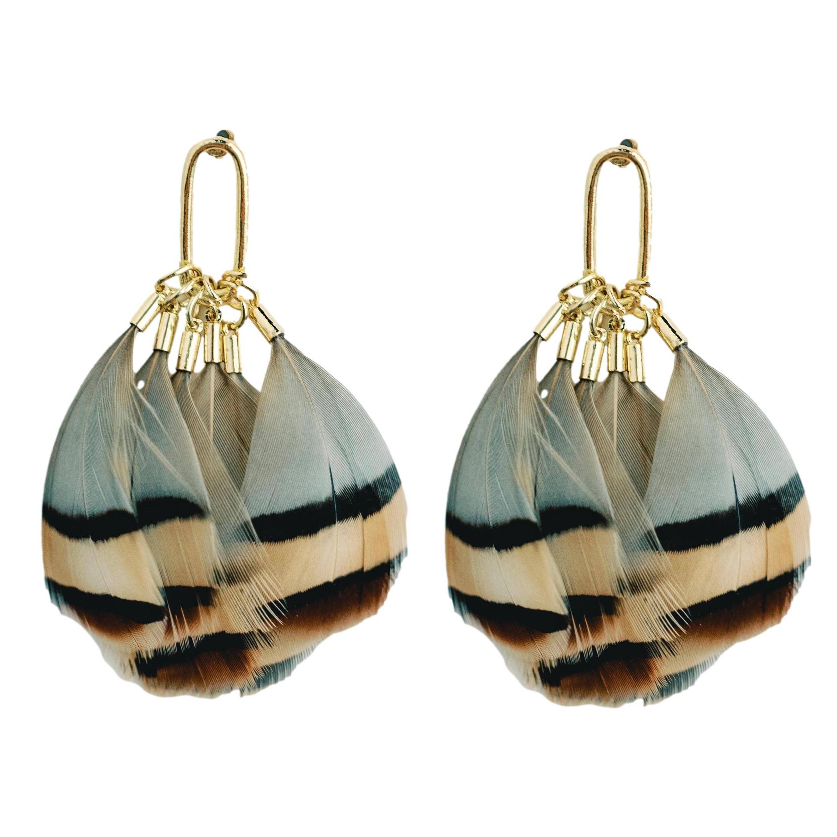 St. Armands Brown Striped Feather Statement Tassel Earrings