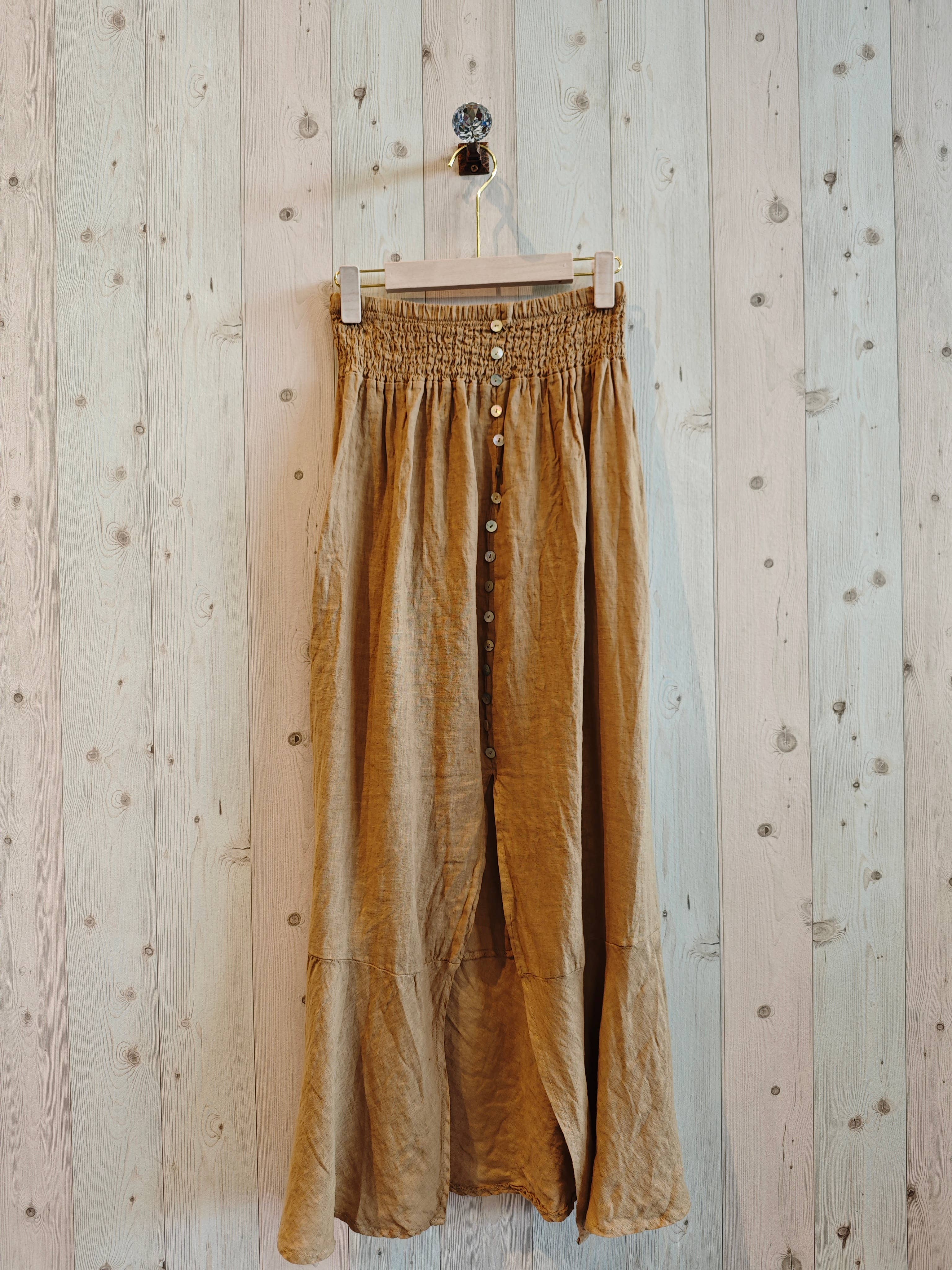 European Linen Skirt with Wide Elastic Waist and Buttons 9565