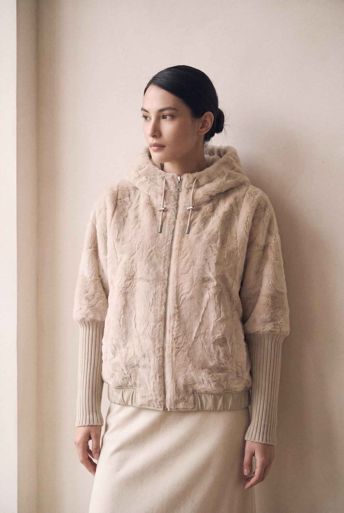 Frisson Reversible Hooded Bomber in Ivory