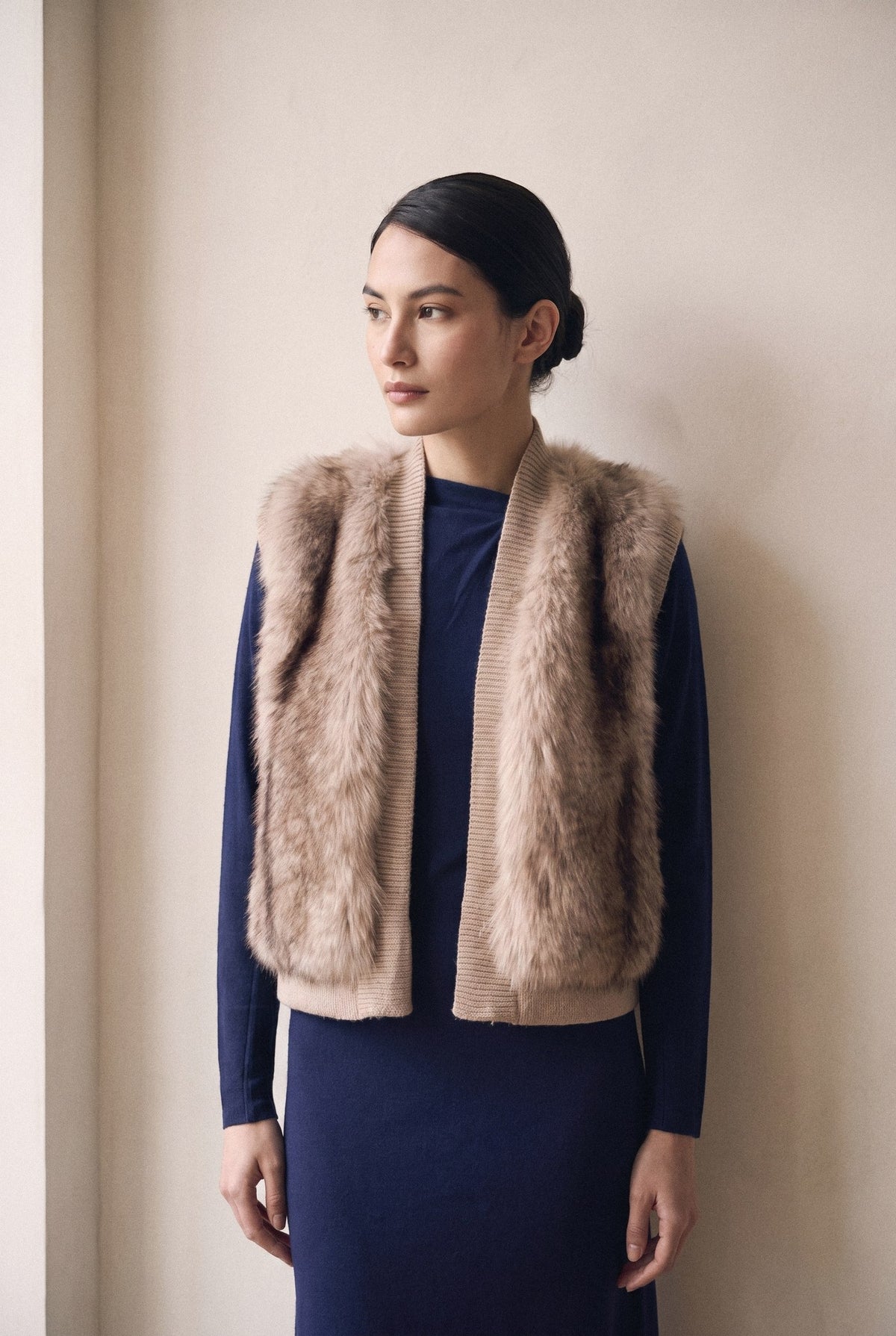 Frisson Faux Fur Layered Vest with Knit Trim