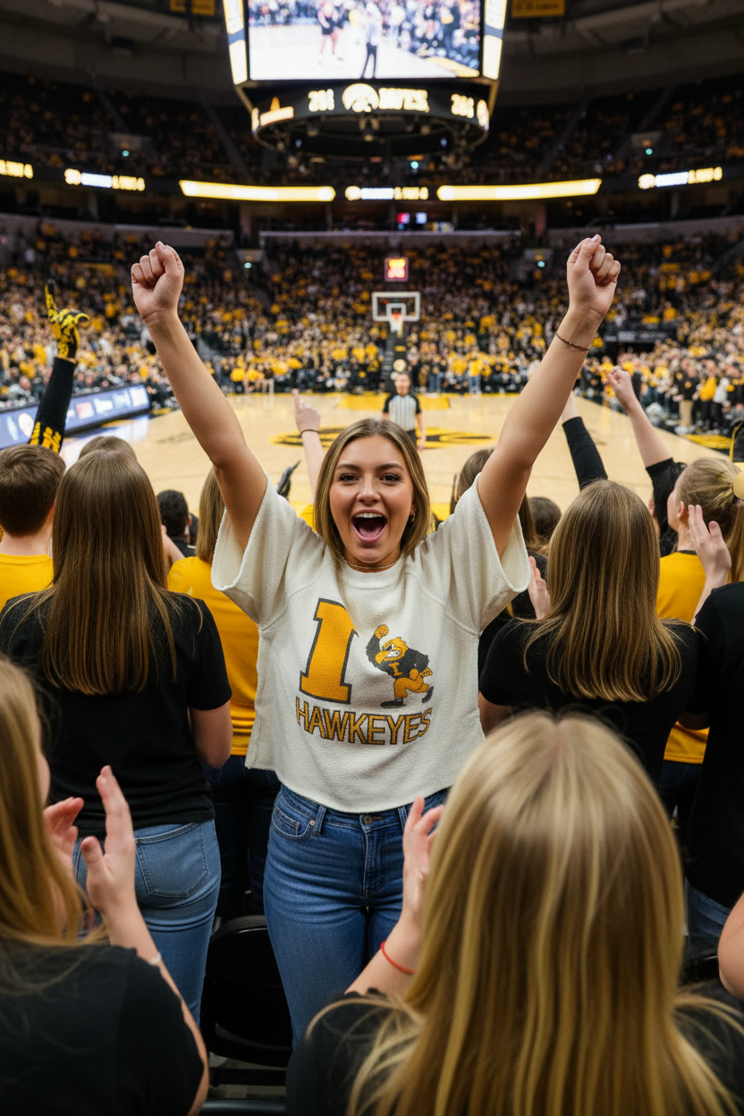 College girl wearing Retro Brand Inside Out Herky I Sweatshirt at Iowa women's basketball game in stands