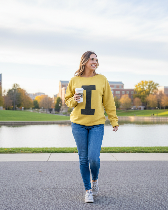Woman wearing Retro Brand Iowa Hawkeyes Varsity I Sweatshirt Old Gold on University of Iowa campus