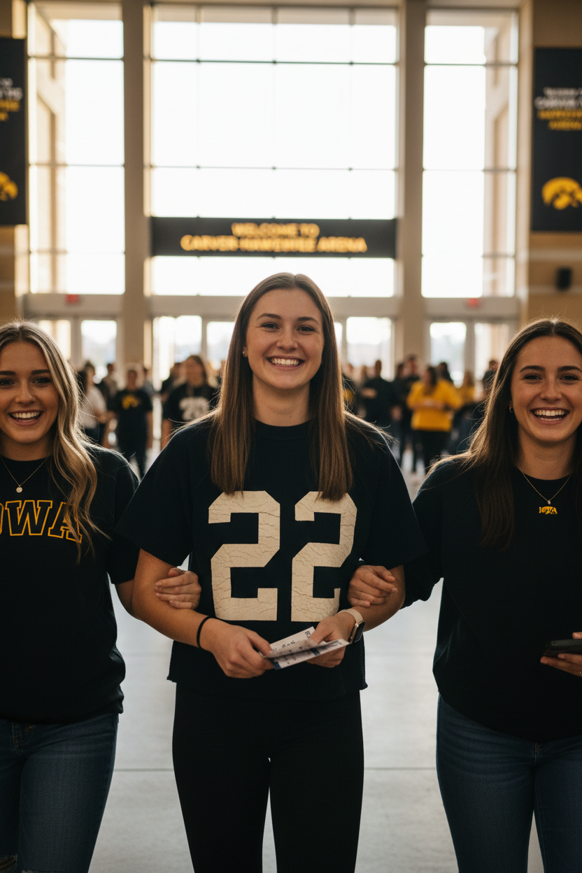 College girl wearing Retro Brand Iowa 22 Sweatshirt at Carver-Hawkeye Arena entrance