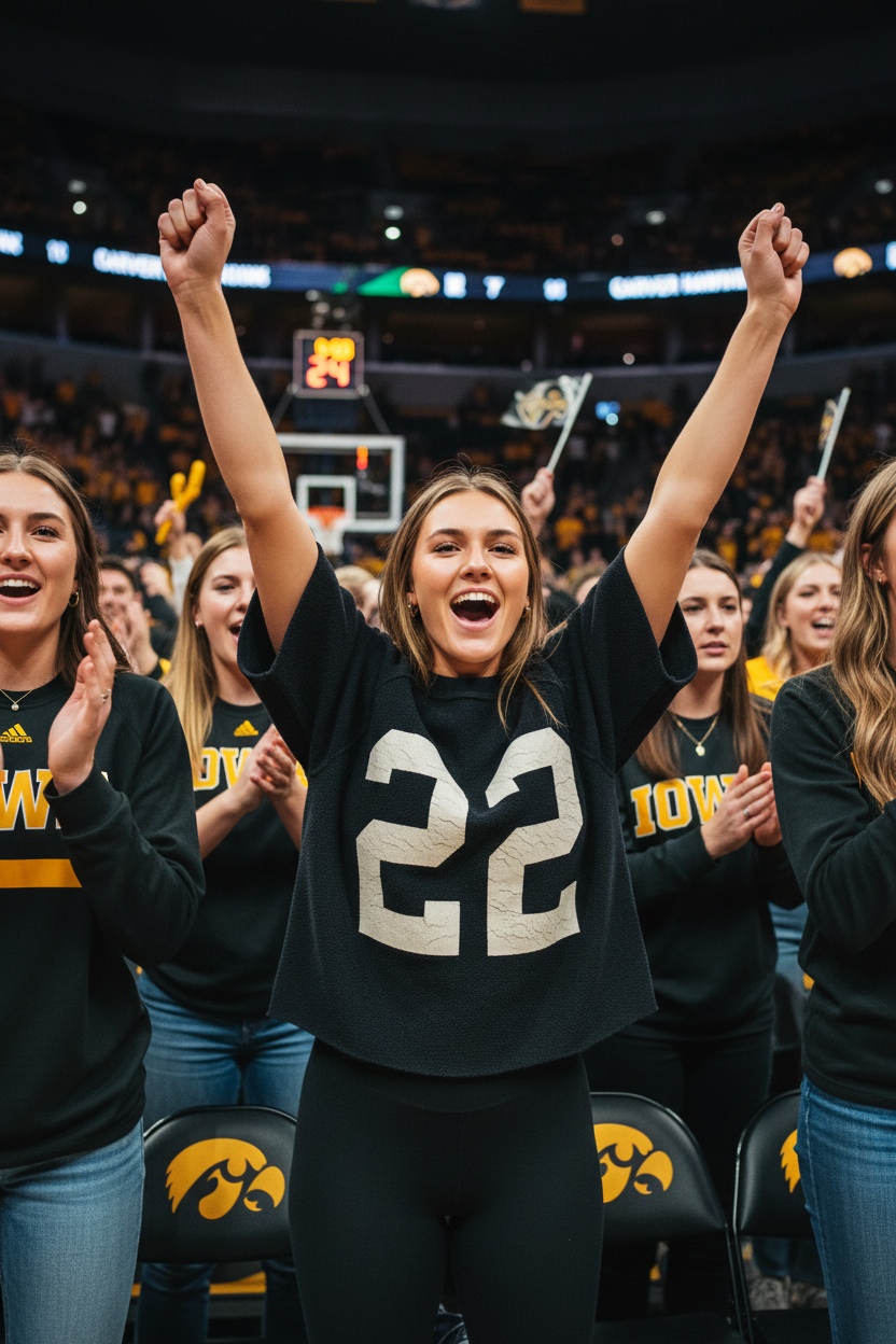 College girl wearing Retro Brand Iowa 22 Sweatshirt at Iowa women's basketball game in stands