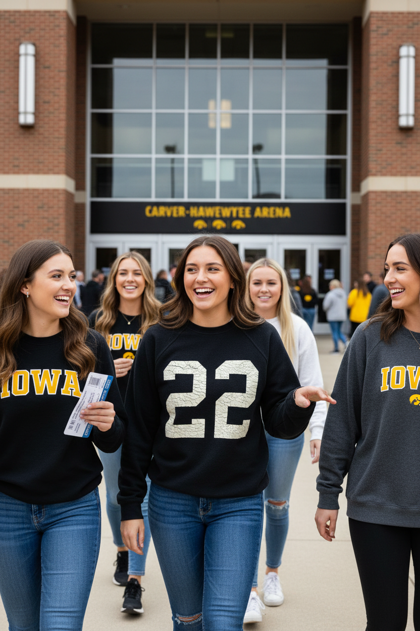 College girl wearing Retro Brand Inside Out Iowa 22 Sweatshirt at Carver-Hawkeye Arena entrance