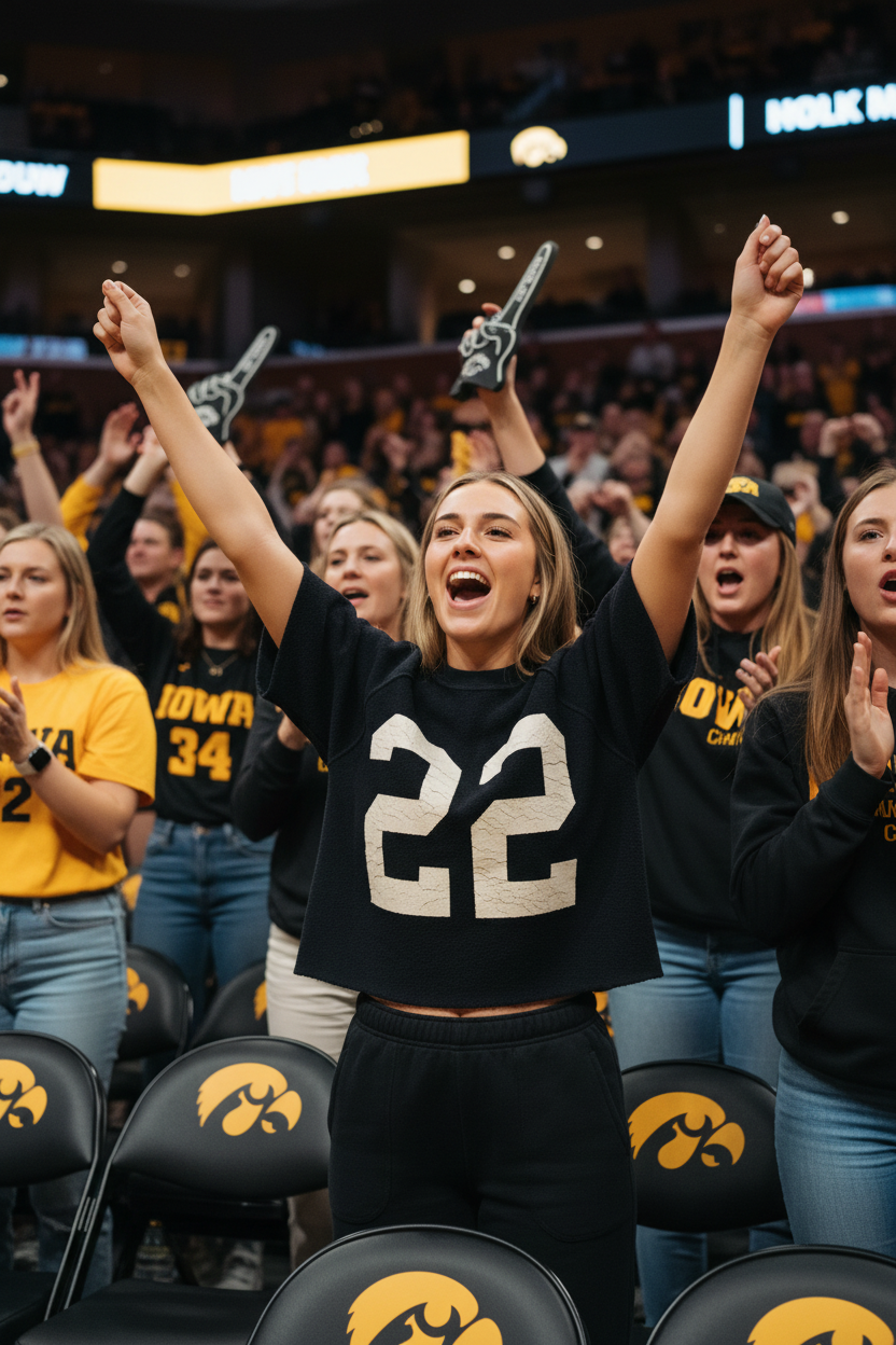 College girl wearing Retro Brand Iowa 22 Sweatshirt at Iowa women's basketball game in stands