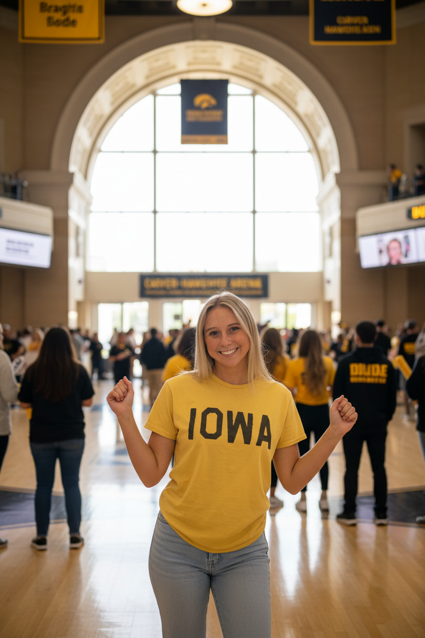Woman wearing Retro Brand Iowa Hawkeyes Collegiate Tee Vintage Gold at Carver-Hawkeye Arena
