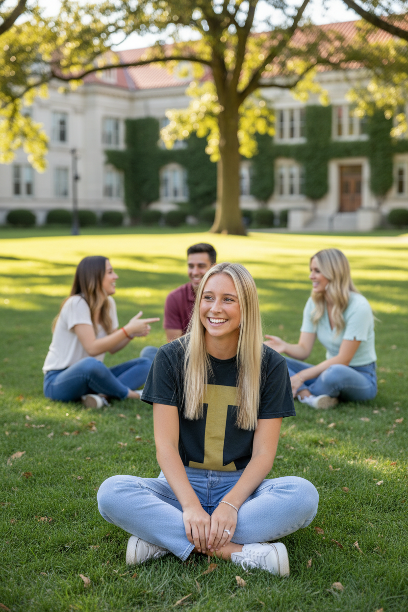 Woman wearing Retro Brand Iowa Hawkeyes Varsity Collegiate I Tee Black on University of Iowa quad