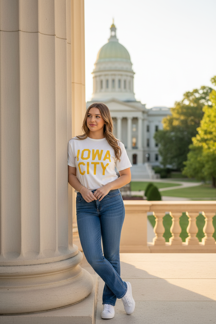 Woman wearing Retro Brand Iowa Hawkeyes Collegiate Tee Antique White on University of Iowa Pentacrest