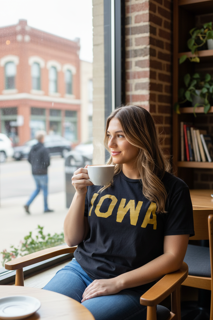 Woman wearing Retro Brand Iowa Hawkeyes Collegiate Tee Vintage Black at Iowa City coffee shop