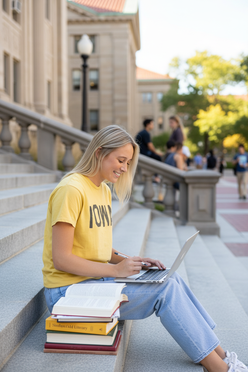 Woman wearing Retro Brand Iowa Hawkeyes Collegiate Tee Vintage Gold at University of Iowa Library