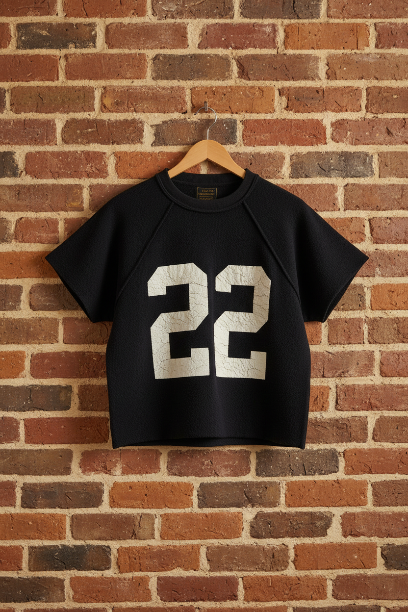 Retro Brand Iowa 22 Sliced Short Sleeve Sweatshirt Black hanging on brick wall