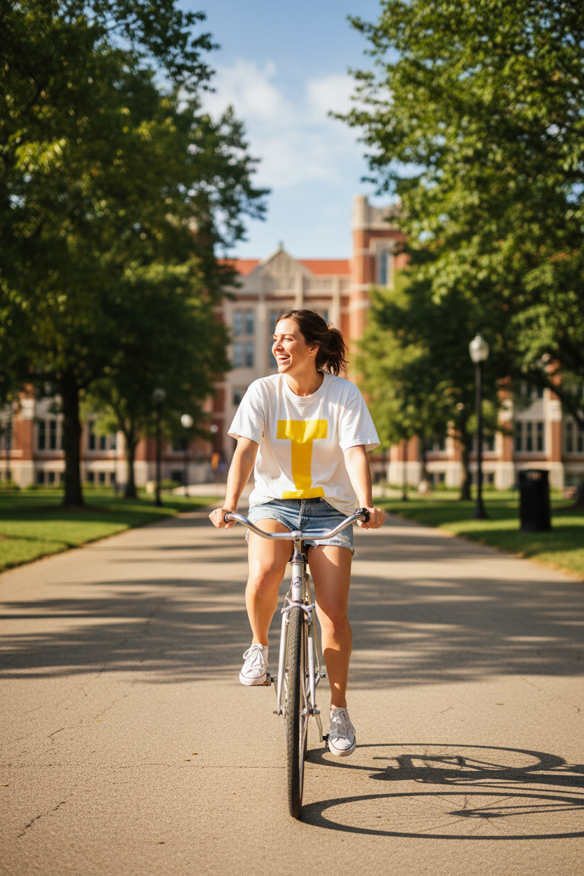Woman wearing Retro Brand Iowa Hawkeyes Varsity Collegiate I Tee Vintage White biking on University of Iowa campus