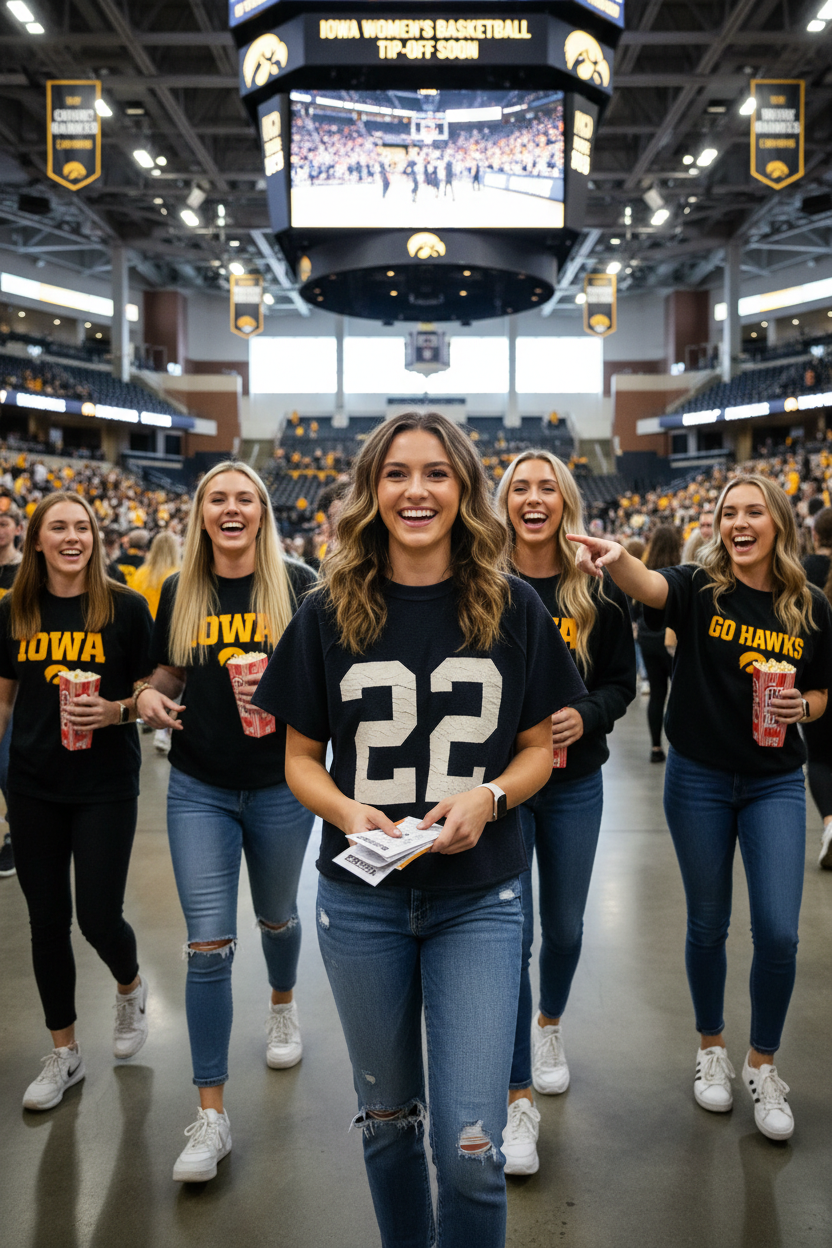 College girl wearing Retro Brand Iowa 22 Sweatshirt at Carver-Hawkeye Arena entrance