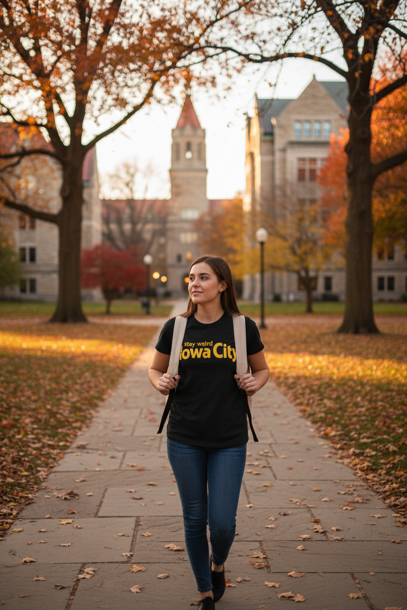 Woman wearing Retro Brand Stay Weird Iowa City Tee on University of Iowa campus