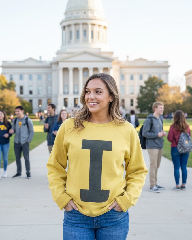 Woman wearing Retro Brand Iowa Hawkeyes Varsity I Sweatshirt Old Gold on University of Iowa Pentacrest