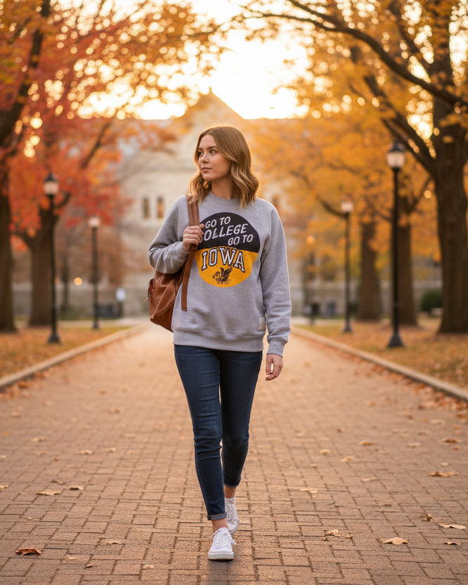 Woman wearing Retro Brand Go to College Go to Iowa Sweatshirt