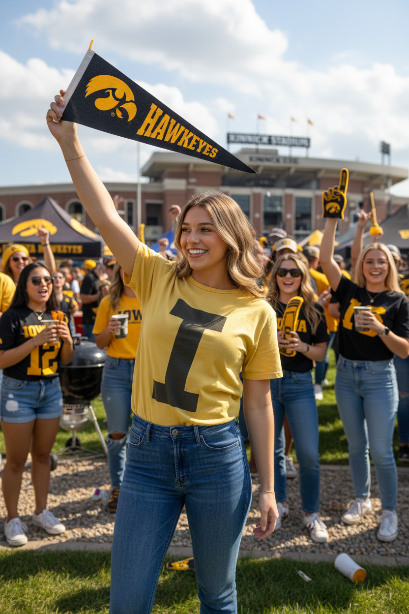 Woman wearing Retro Brand Iowa Hawkeyes Varsity Collegiate I Tee Old Gold at Kinnick Stadium tailgate