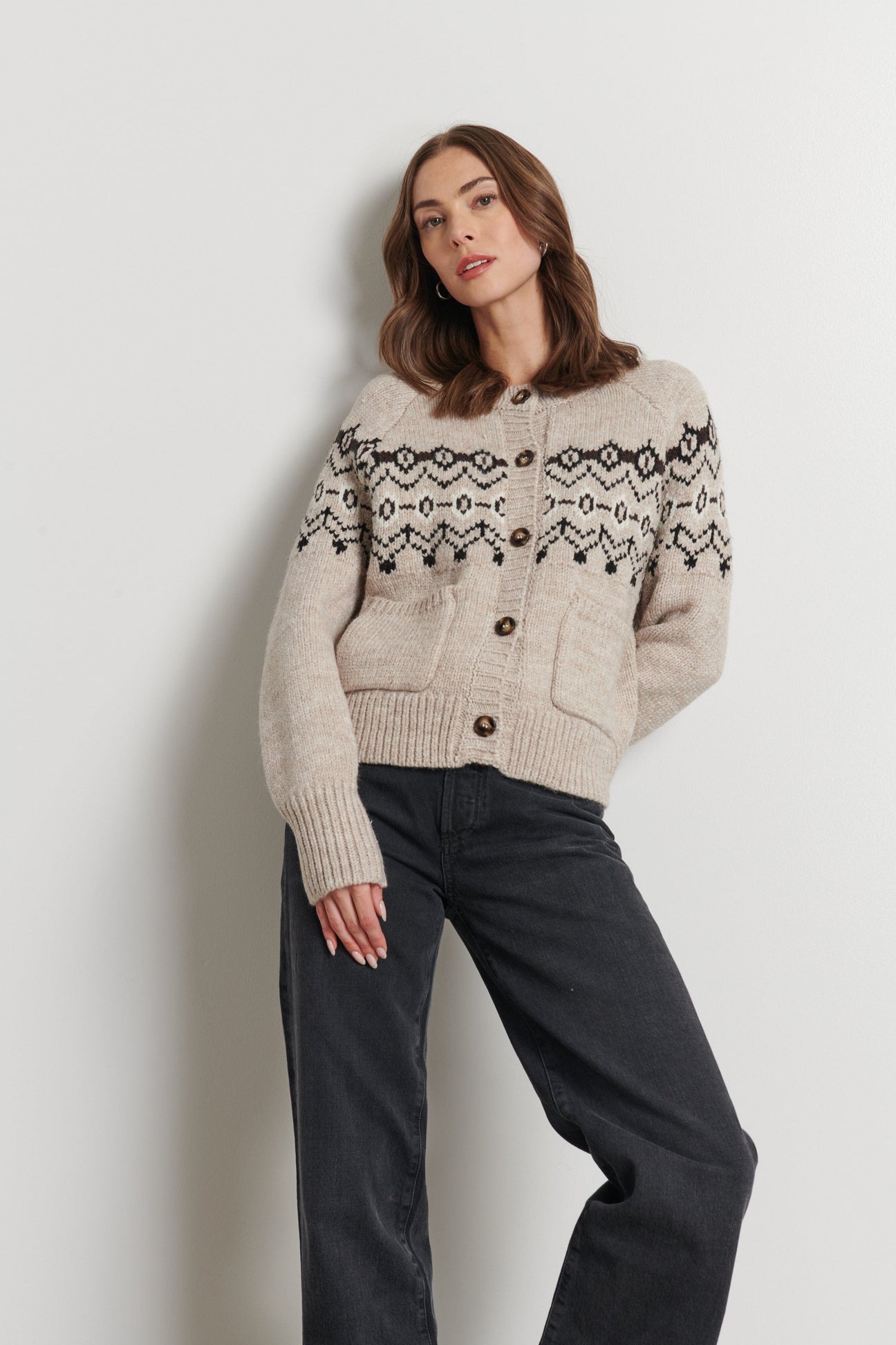 Line the Label Noa Fair-Isle Crewneck Cardigan - Mountain Slopes