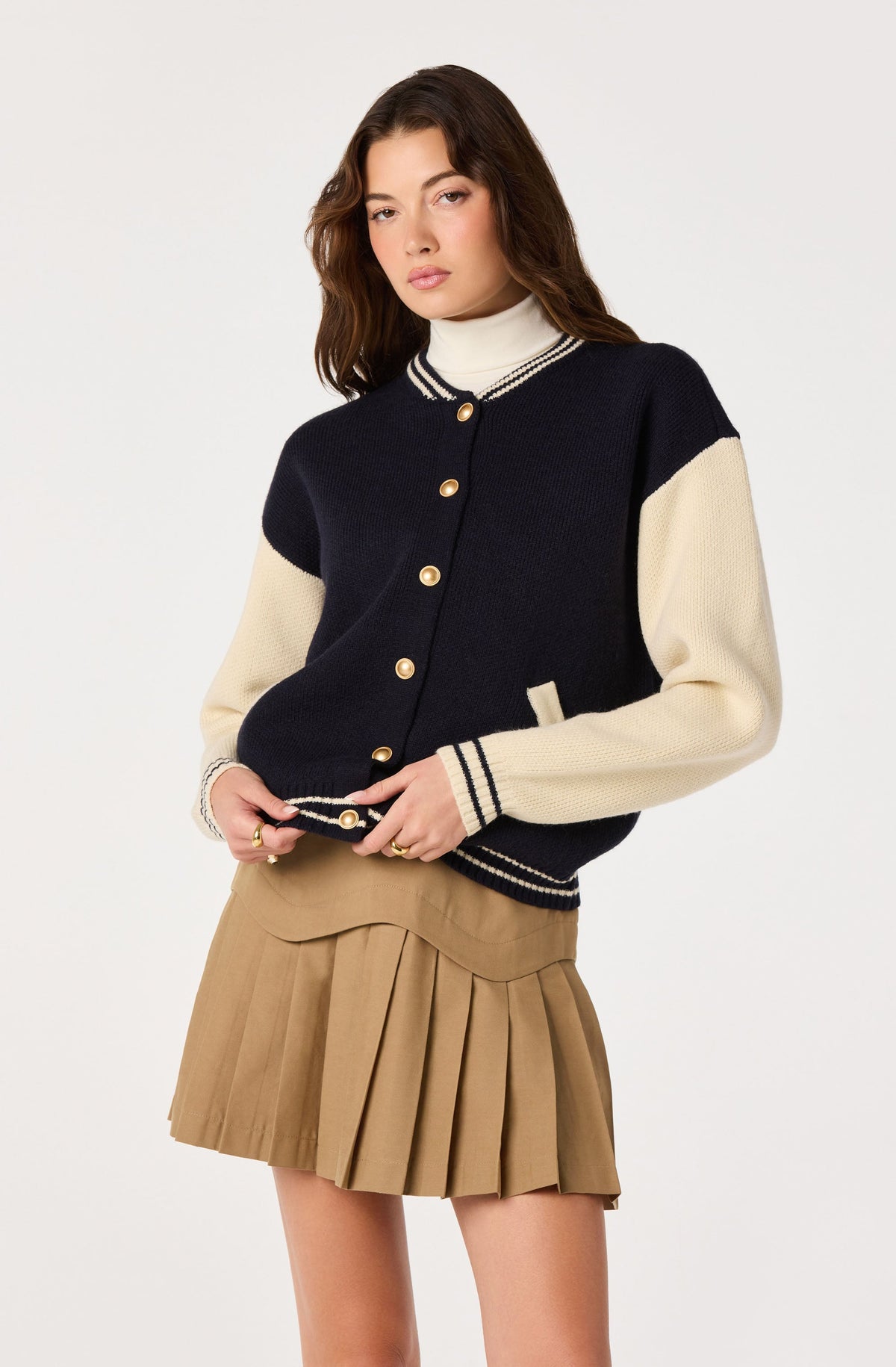 ASTR Grayson Colorblock Varsity Jacket Navy