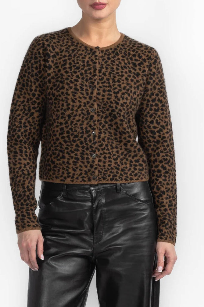 White + Warren Cashmere Leopard Print Cardigan 21865 in Cedarwood / Black Leopard, view 1