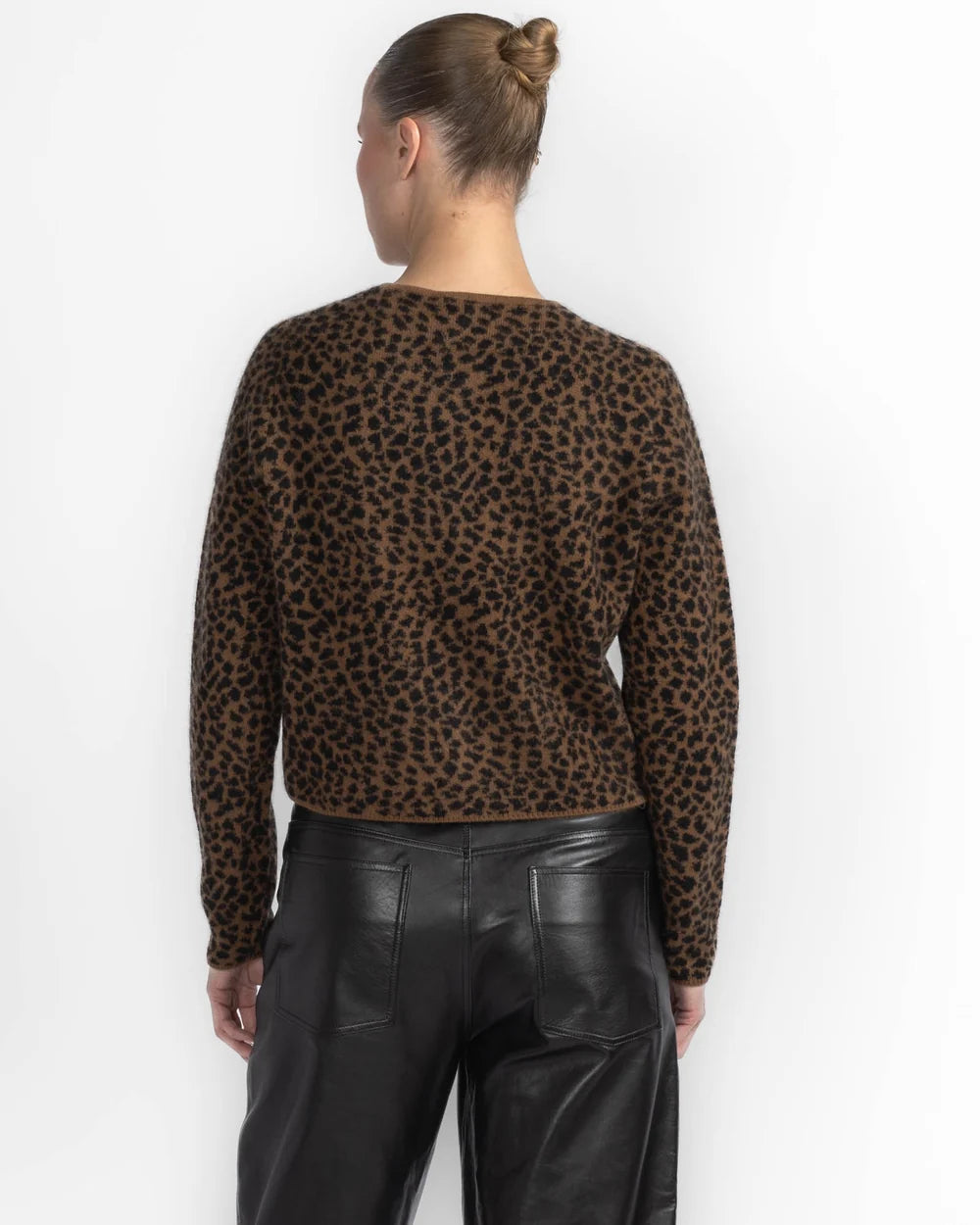 White + Warren Cashmere Leopard Print Cardigan 21865 in Cedarwood / Black Leopard, view 2