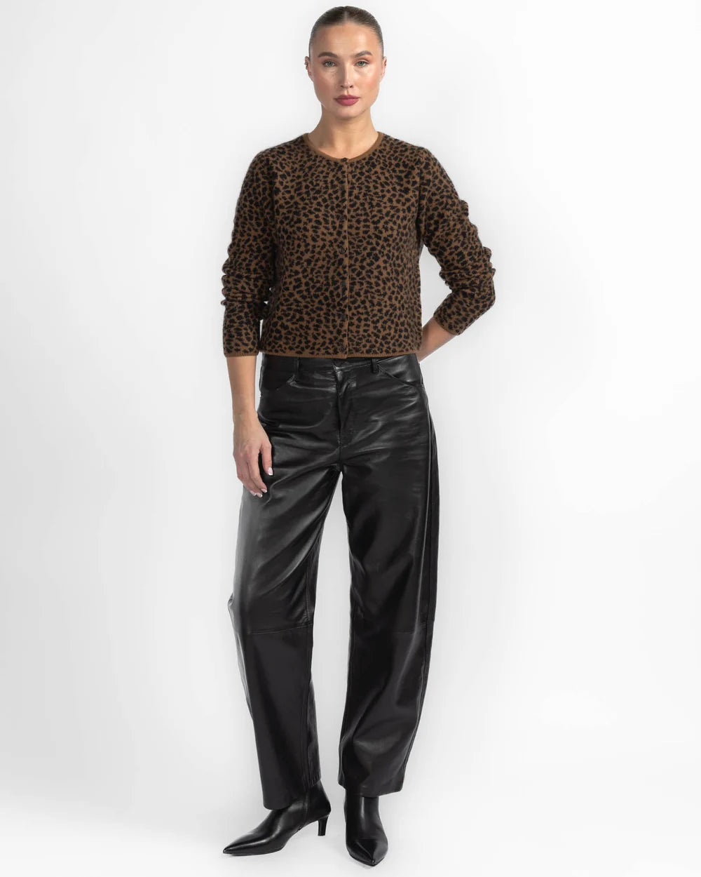 White + Warren Cashmere Leopard Print Cardigan 21865 in Cedarwood / Black Leopard, view 3