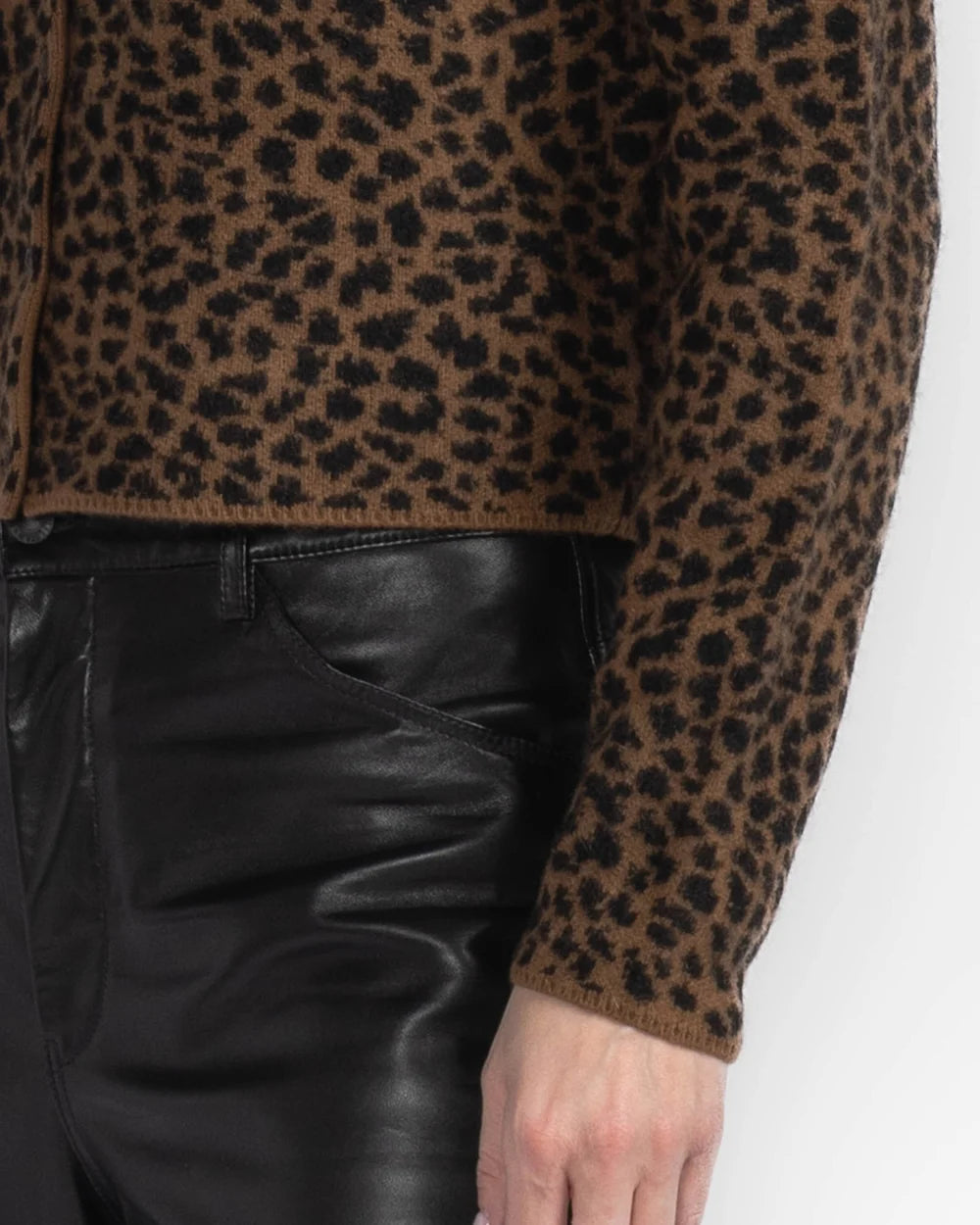 White + Warren Cashmere Leopard Print Cardigan 21865 in Cedarwood / Black Leopard, view 5