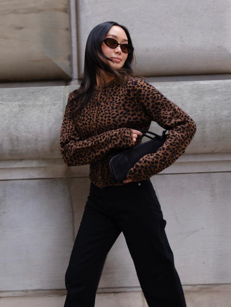 White + Warren Cashmere Leopard Print Cardigan 21865 in Cedarwood / Black Leopard, view 6