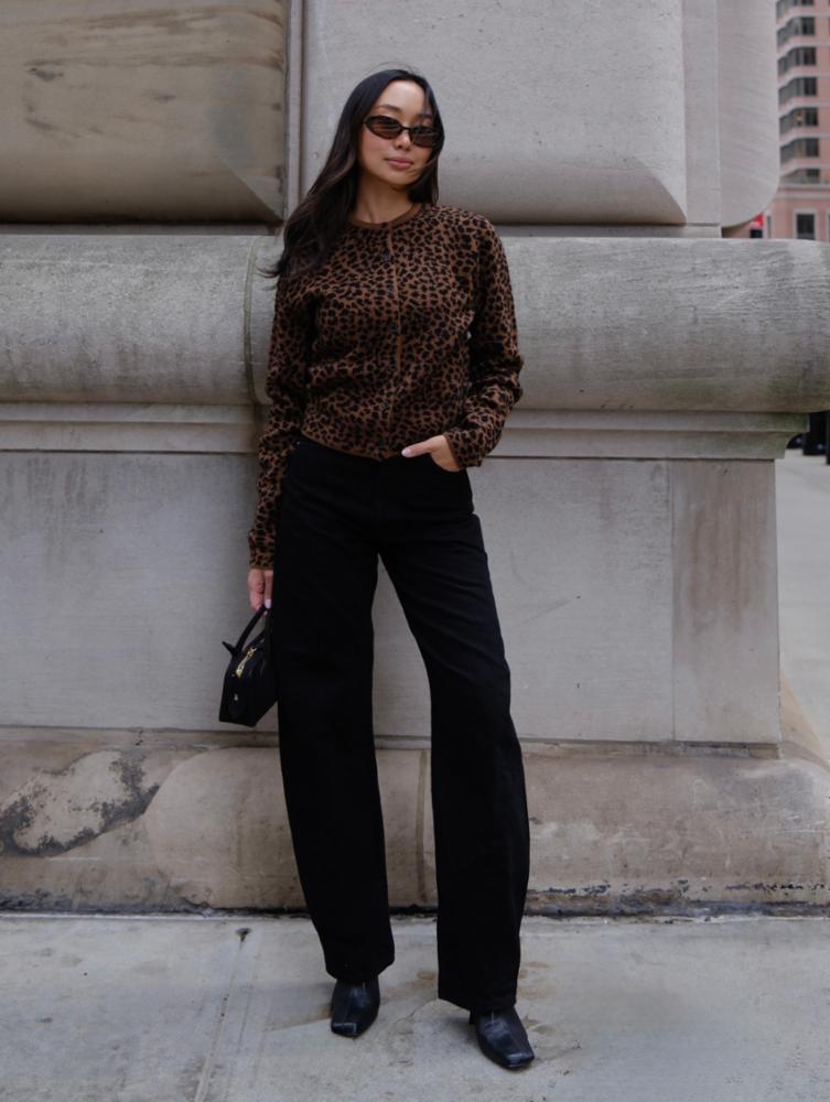 White + Warren Cashmere Leopard Print Cardigan 21865 in Cedarwood / Black Leopard, view 8
