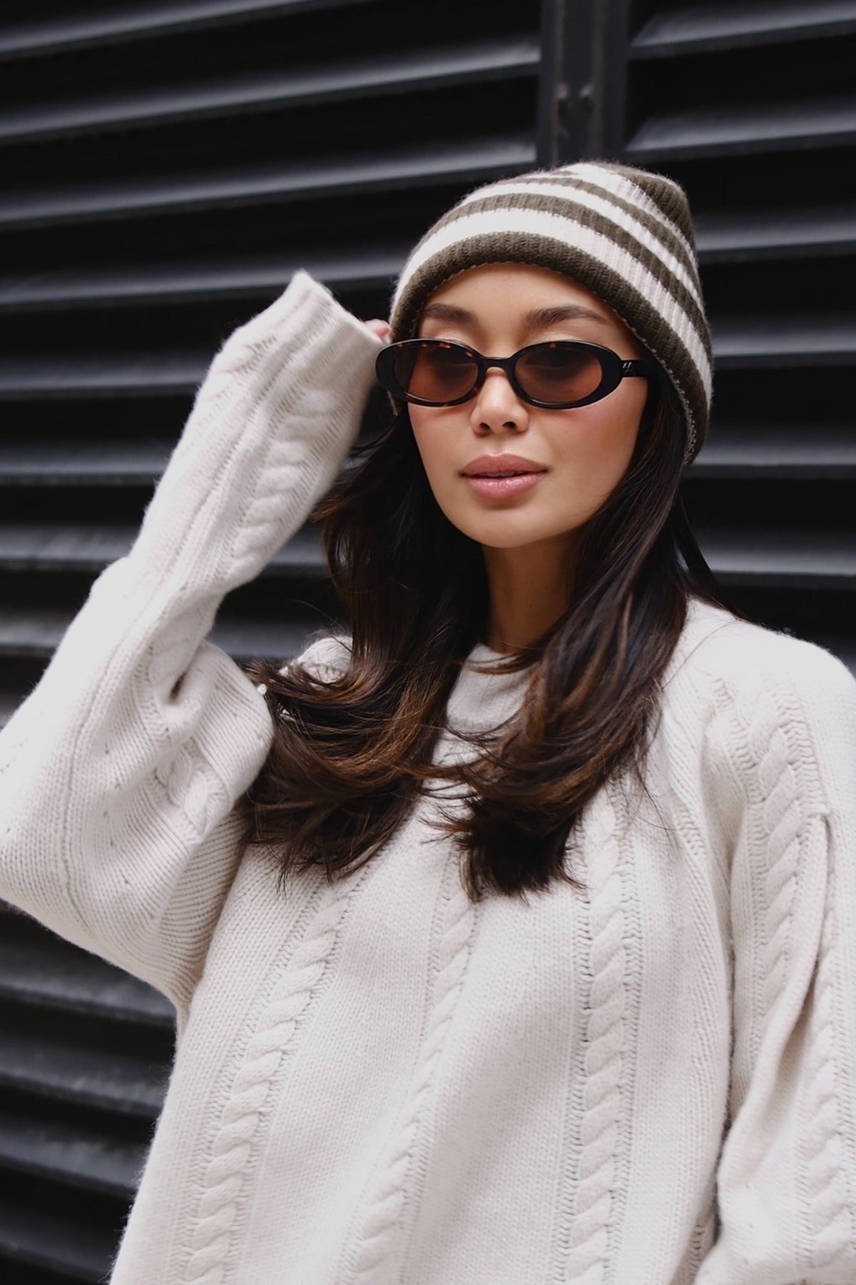 White + Warren Deep Olive / Natural Heather Striped Beanie 16137B styled with the Ivory Raglan Sweater 21878, view 1