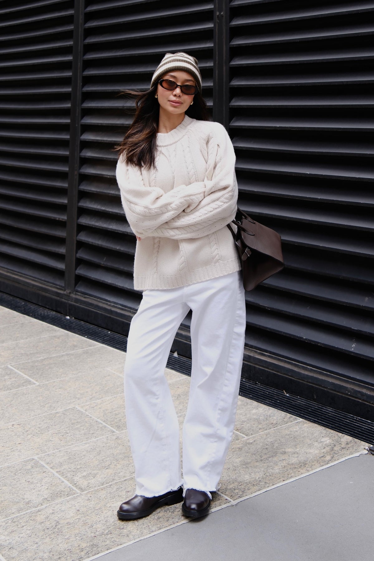 White + Warren Deep Olive / Natural Heather Striped Beanie 16137B styled with the Ivory Raglan Sweater 21878, view 2
